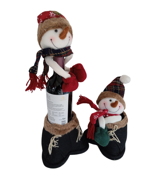 Duo De Porta Botellas Tela Navideño Muñeco De Nieve